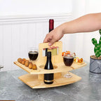 Plateau de service en bois naturel avec porte-verres à vin suspendu, support portable 2-en-1 pour collations et boissons