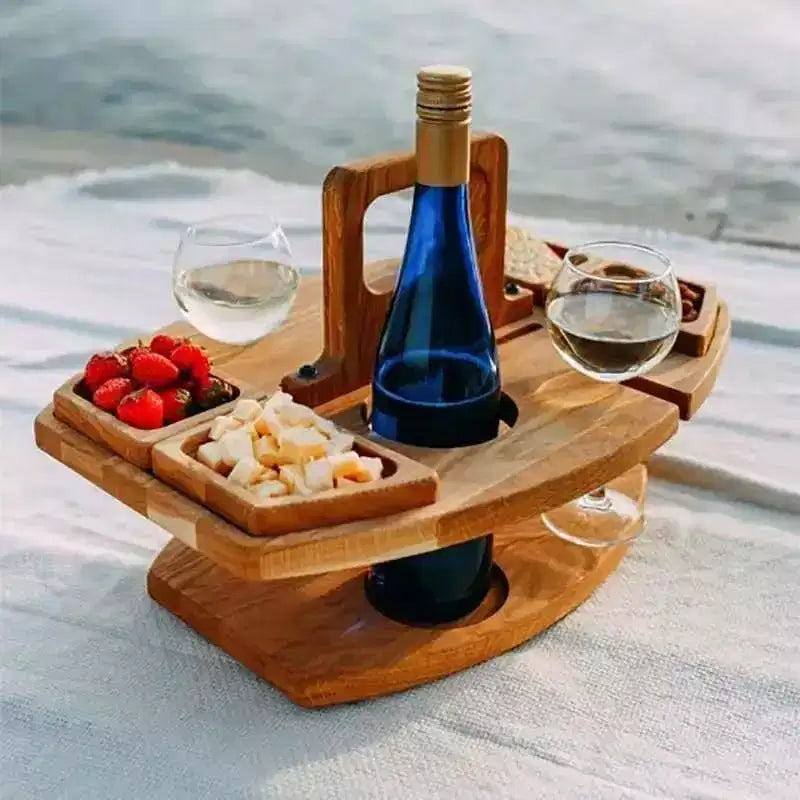 Plateau de service en bois naturel avec porte-verres à vin suspendu, support portable 2-en-1 pour collations et boissons