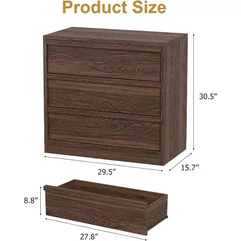 Bois naturel, commode à 3 tiroirs, usage unique