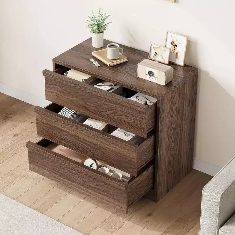 Bois naturel, commode à 3 tiroirs, usage unique