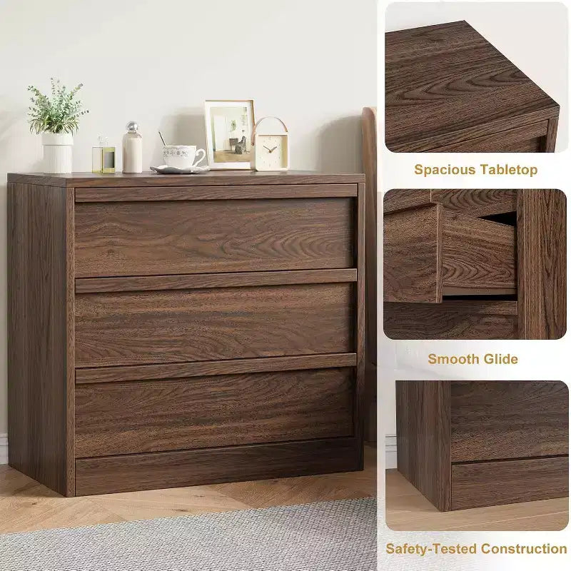 Bois naturel, commode à 3 tiroirs, usage unique