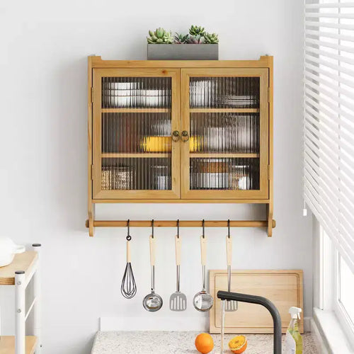 JVNOXK 24.8''Glass Door Vintage Double Door Wall Cabinet With Three Tiers of Storage With Towel Rack,for Bathroom, Kitchen,Dining Room,Natural