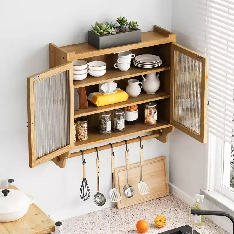 Meuble haut mural beige à double porte avec portes en verre et porte-serviettes, assemblage par 1 personne