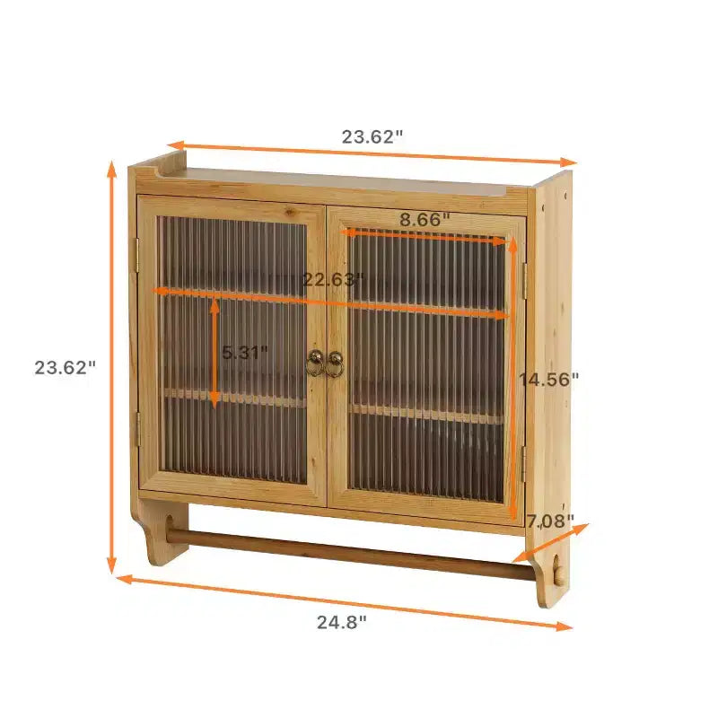 Meuble haut mural beige à double porte avec portes en verre et porte-serviettes, assemblage par 1 personne