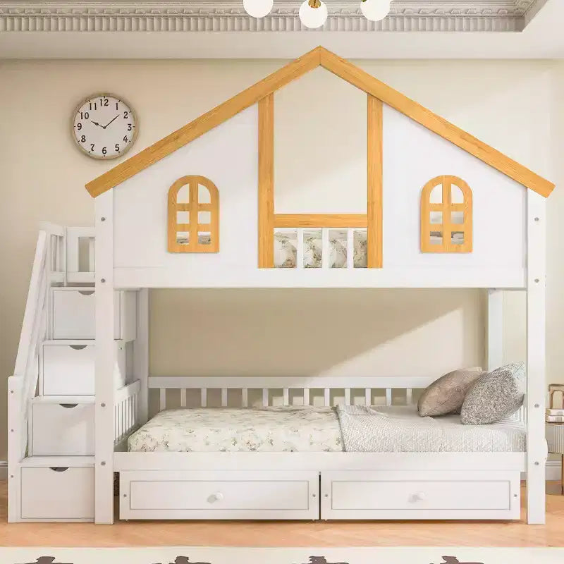 GDFStudio Carlson Wooden House Roof Bunk Bed with Window Door and Roof, Storage Drawers and Staircase