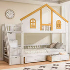 Lit superposé style Maison Blanche avec escalier et tiroirs de rangement, double/complet, pour 2 personnes
