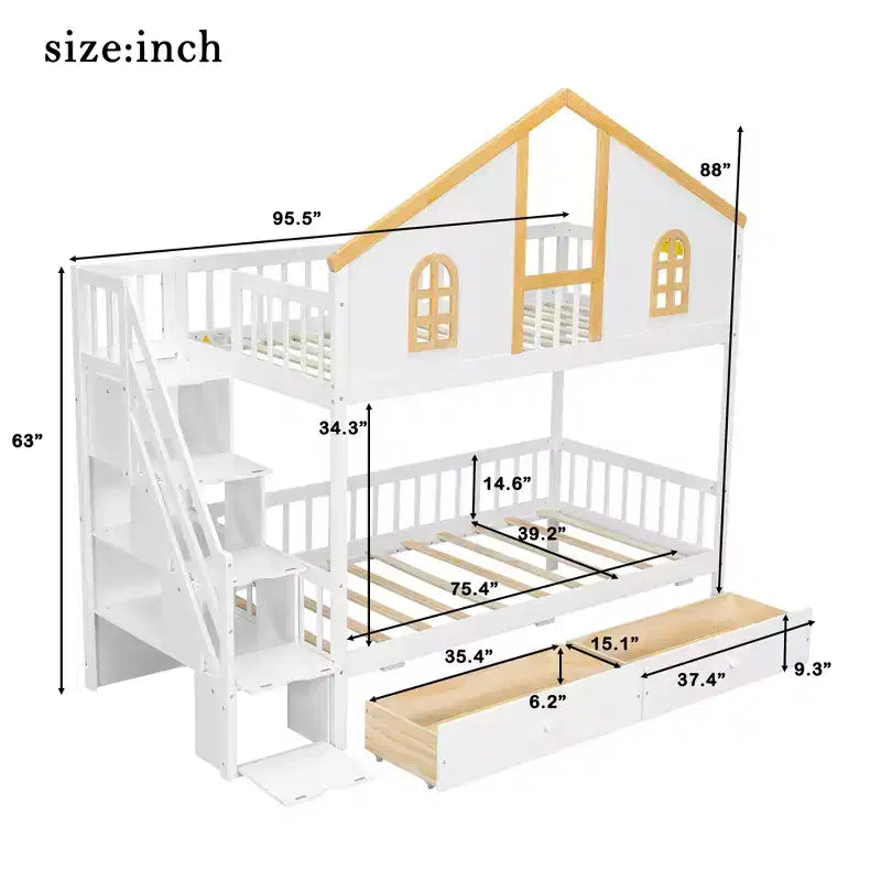 Lit superposé style Maison Blanche avec escalier et tiroirs de rangement, double/complet, pour 2 personnes