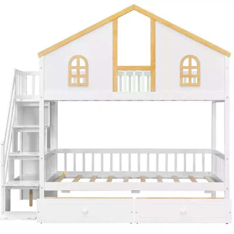 Lit superposé style Maison Blanche avec escalier et tiroirs de rangement, double/complet, pour 2 personnes