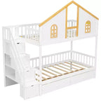 Lit superposé style Maison Blanche avec escalier et tiroirs de rangement, double/complet, pour 2 personnes