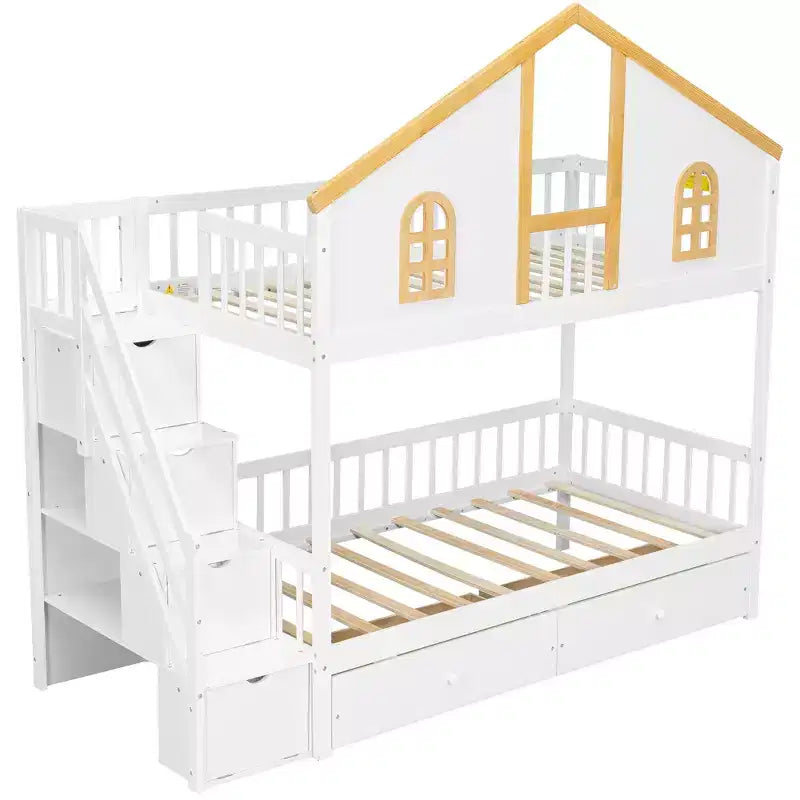 Lit superposé style Maison Blanche avec escalier et tiroirs de rangement, double/complet, pour 2 personnes
