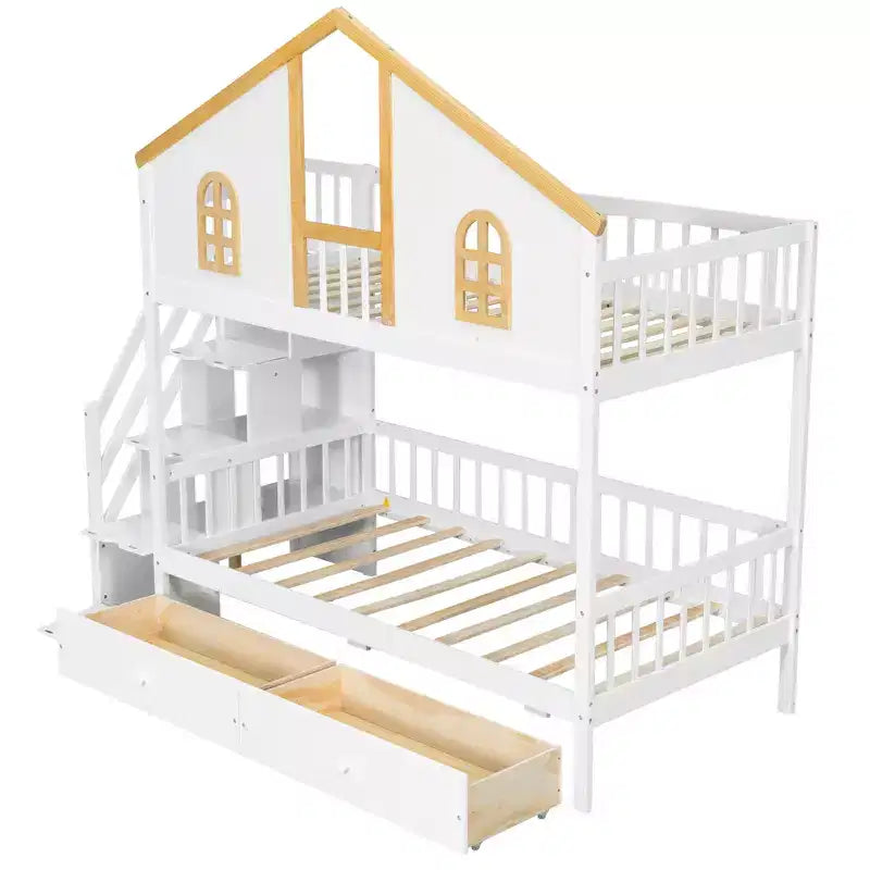 Lit superposé style Maison Blanche avec escalier et tiroirs de rangement, double/complet, pour 2 personnes