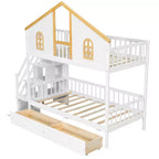 Lit superposé style Maison Blanche avec escalier et tiroirs de rangement, double/complet, pour 2 personnes