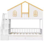 Lit superposé style Maison Blanche avec escalier et tiroirs de rangement, double/complet, pour 2 personnes