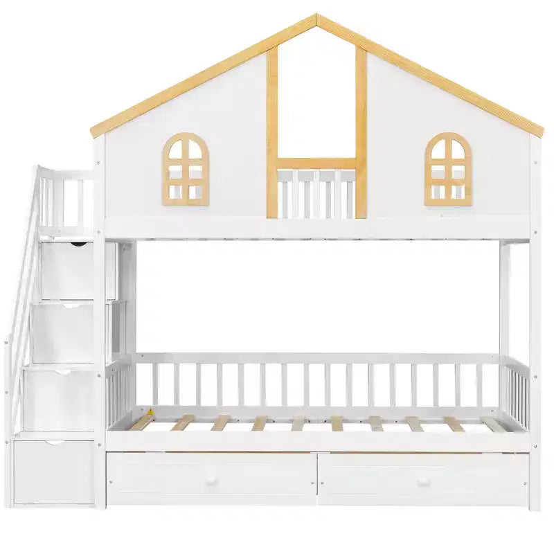Lit superposé style Maison Blanche avec escalier et tiroirs de rangement, double/complet, pour 2 personnes