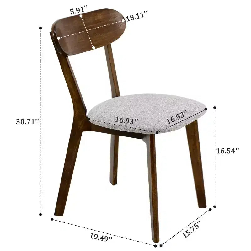 Chaise de salle à manger en bois massif, style Mid-Century, avec coussin marron / naturel / gris, lot de 2
