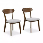 Chaise de salle à manger en bois massif, style Mid-Century, avec coussin marron / naturel / gris, lot de 2