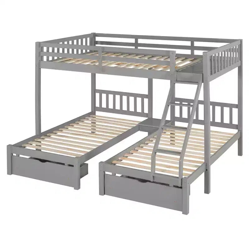 Lit superposé triple gris, taille double et double, pour 3 personnes, avec 2 tiroirs de rangement