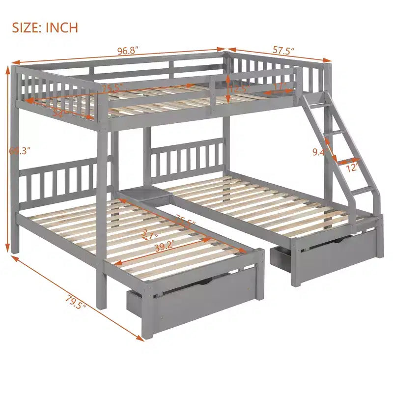 Lit superposé triple gris, taille double et double, pour 3 personnes, avec 2 tiroirs de rangement