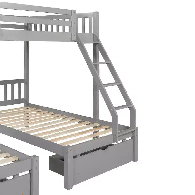Lit superposé triple gris, taille double et double, pour 3 personnes, avec 2 tiroirs de rangement