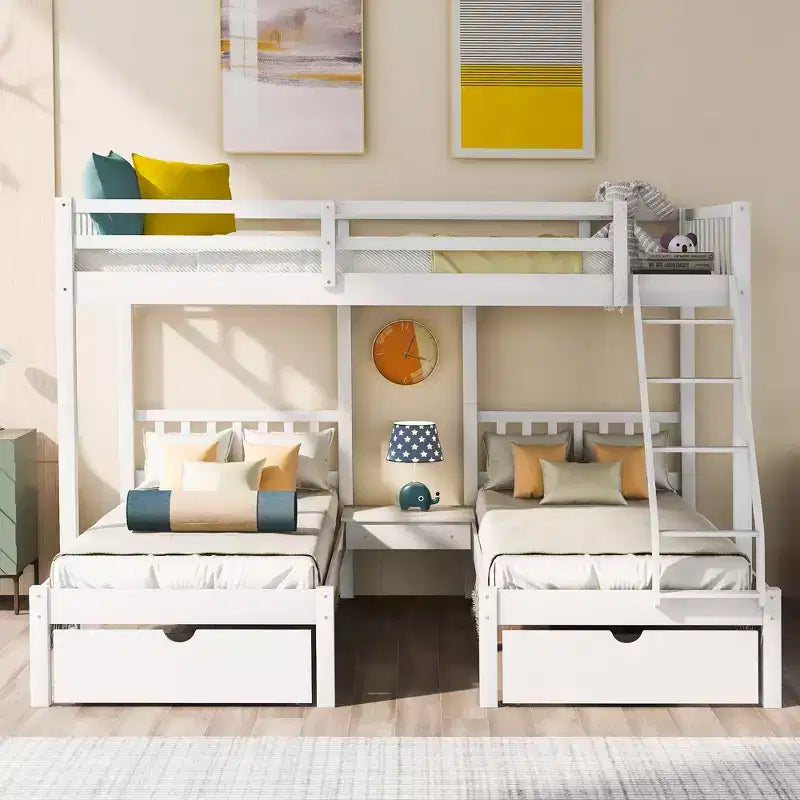 Lit superposé triple gris, taille double et double, pour 3 personnes, avec 2 tiroirs de rangement