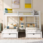 Lit superposé triple gris, taille double et double, pour 3 personnes, avec 2 tiroirs de rangement