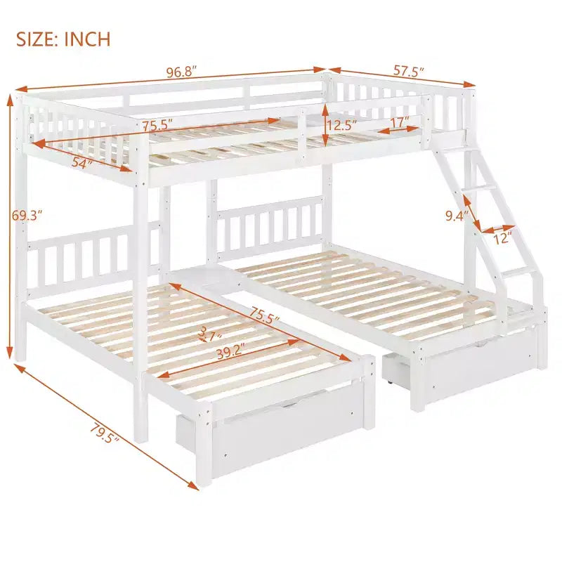 Lit superposé triple gris, taille double et double, pour 3 personnes, avec 2 tiroirs de rangement
