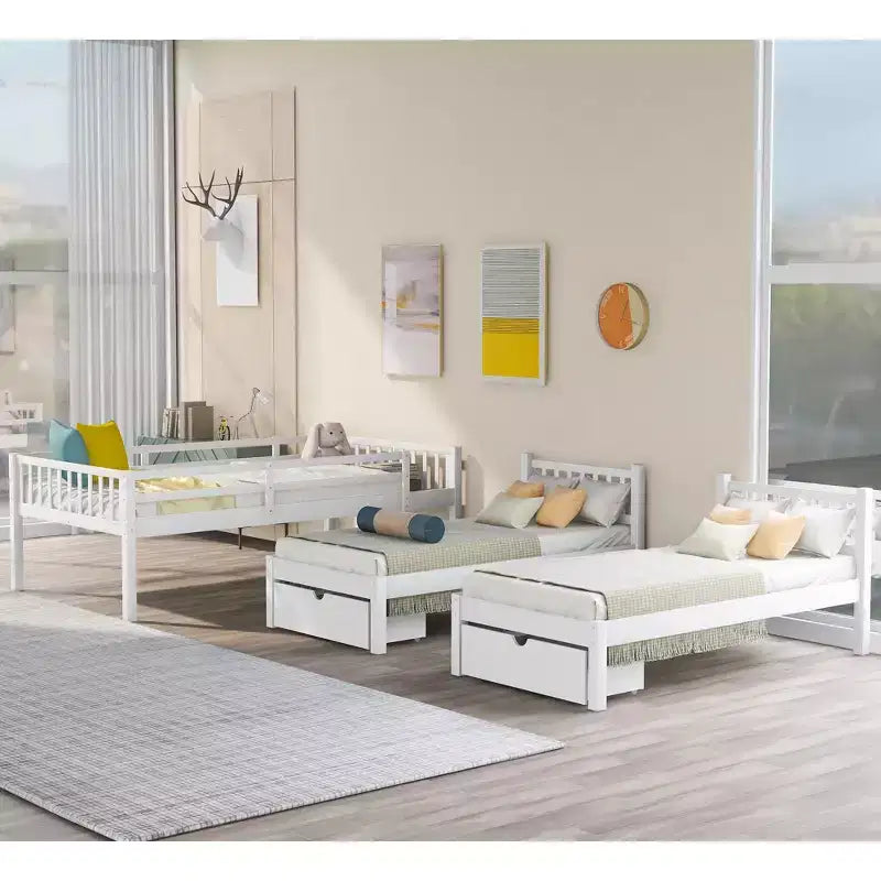 Lit superposé triple gris, taille double et double, pour 3 personnes, avec 2 tiroirs de rangement