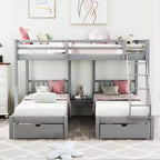 Lit superposé triple gris, taille double et double, pour 3 personnes, avec 2 tiroirs de rangement