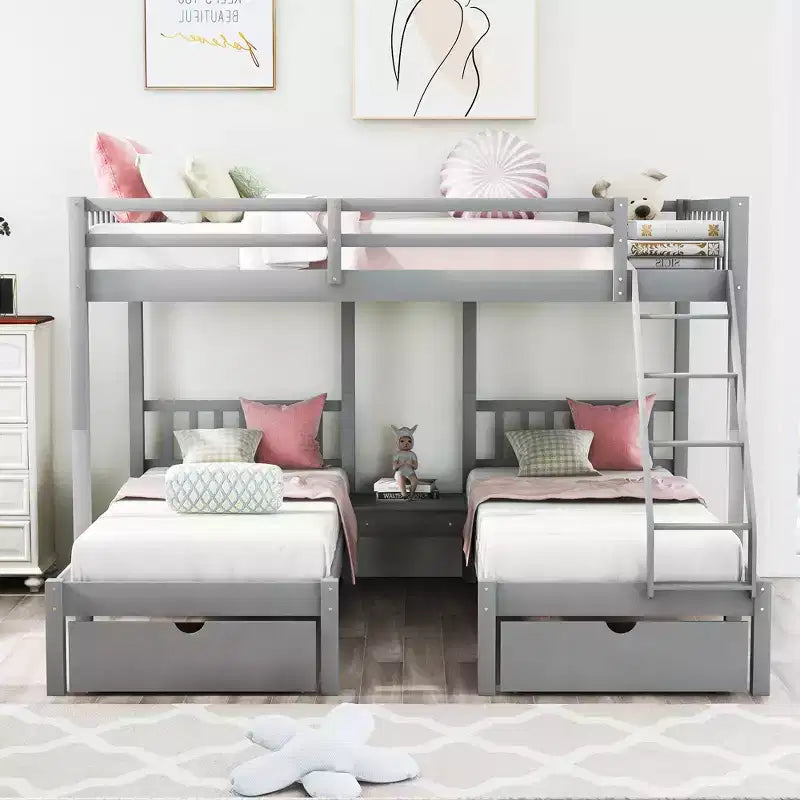 Lit superposé triple gris, taille double et double, pour 3 personnes, avec 2 tiroirs de rangement