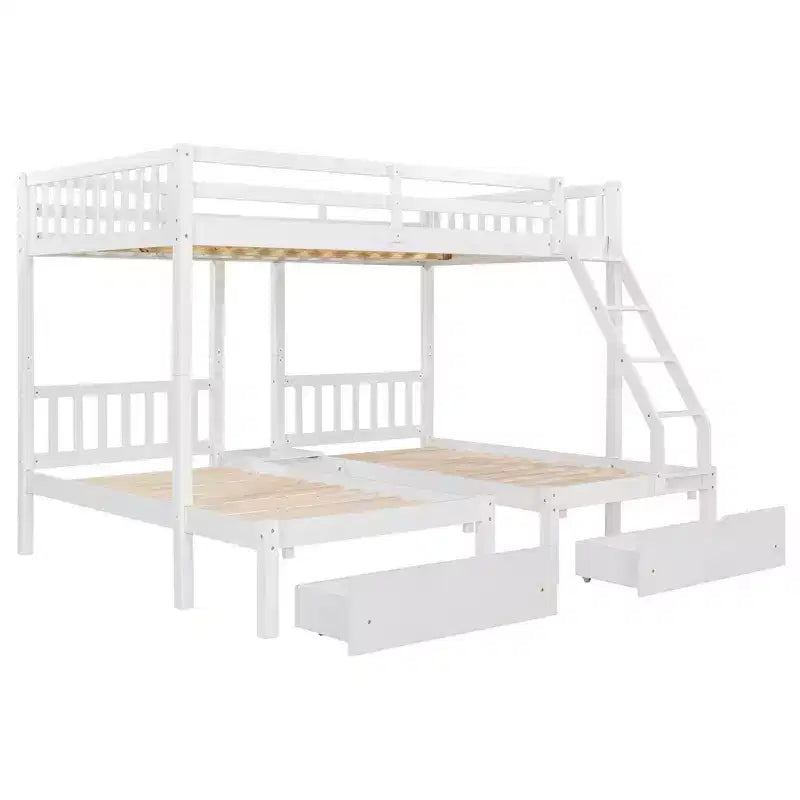 Lit superposé triple gris, taille double et double, pour 3 personnes, avec 2 tiroirs de rangement