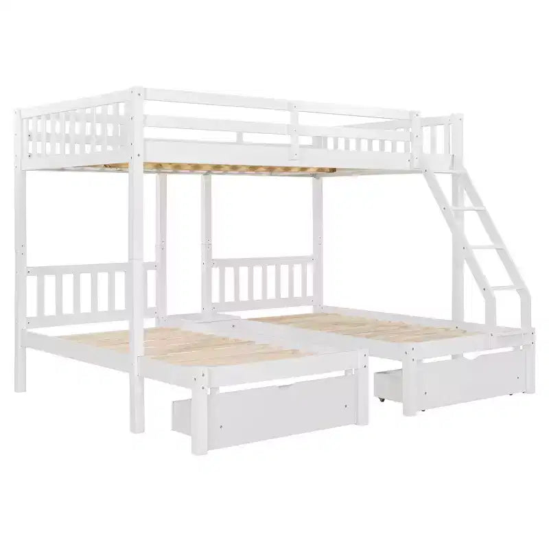 Lit superposé triple gris, taille double et double, pour 3 personnes, avec 2 tiroirs de rangement