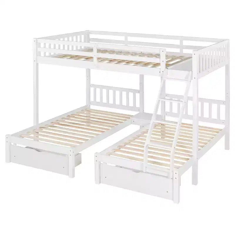 Lit superposé triple gris, taille double et double, pour 3 personnes, avec 2 tiroirs de rangement