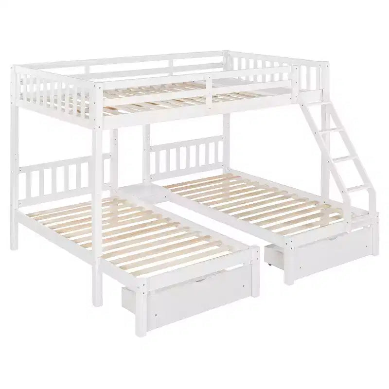 Lit superposé triple gris, taille double et double, pour 3 personnes, avec 2 tiroirs de rangement