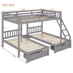 Lit superposé triple gris, taille double et double, pour 3 personnes, avec 2 tiroirs de rangement