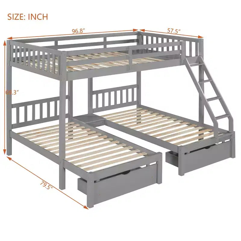Lit superposé triple gris, taille double et double, pour 3 personnes, avec 2 tiroirs de rangement