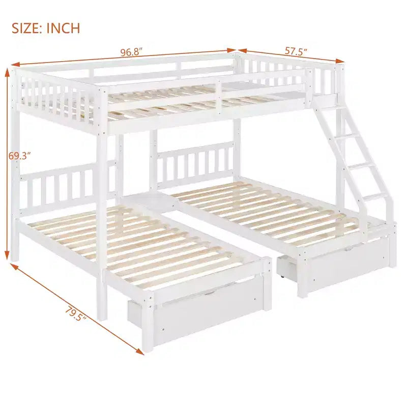 Lit superposé triple gris, taille double et double, pour 3 personnes, avec 2 tiroirs de rangement