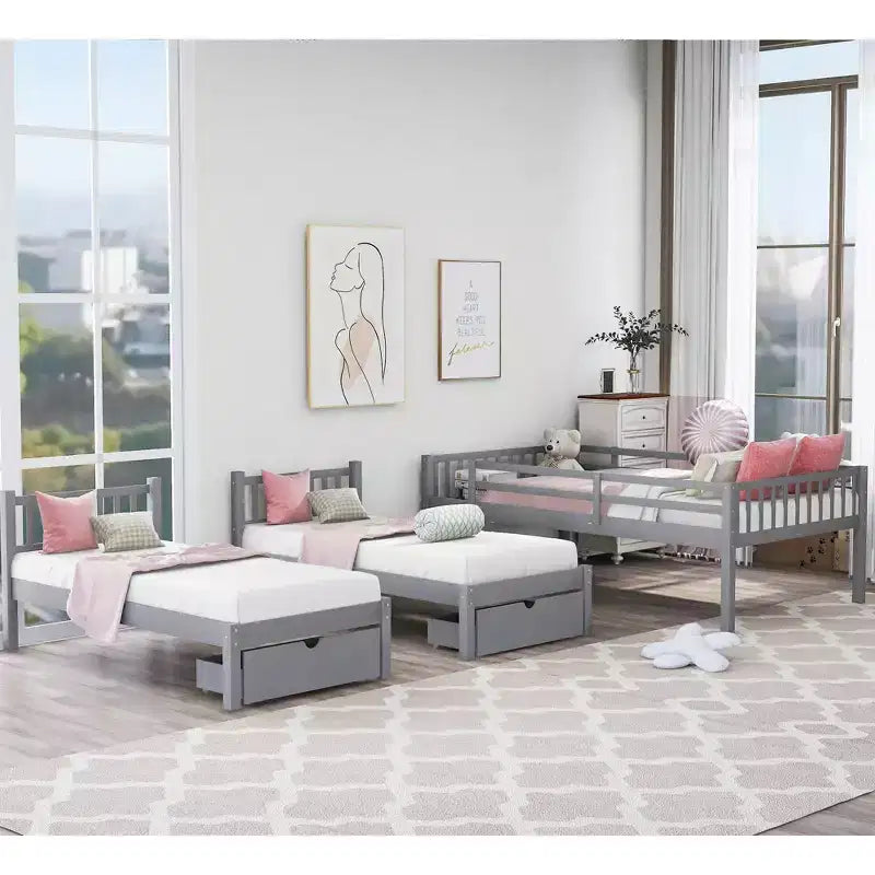 Lit superposé triple gris, taille double et double, pour 3 personnes, avec 2 tiroirs de rangement