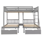 Lit superposé triple gris, taille double et double, pour 3 personnes, avec 2 tiroirs de rangement