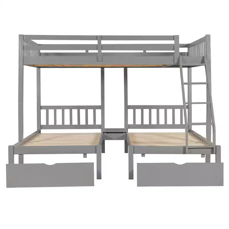 Lit superposé triple gris, taille double et double, pour 3 personnes, avec 2 tiroirs de rangement