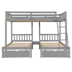 Lit superposé triple gris, taille double et double, pour 3 personnes, avec 2 tiroirs de rangement