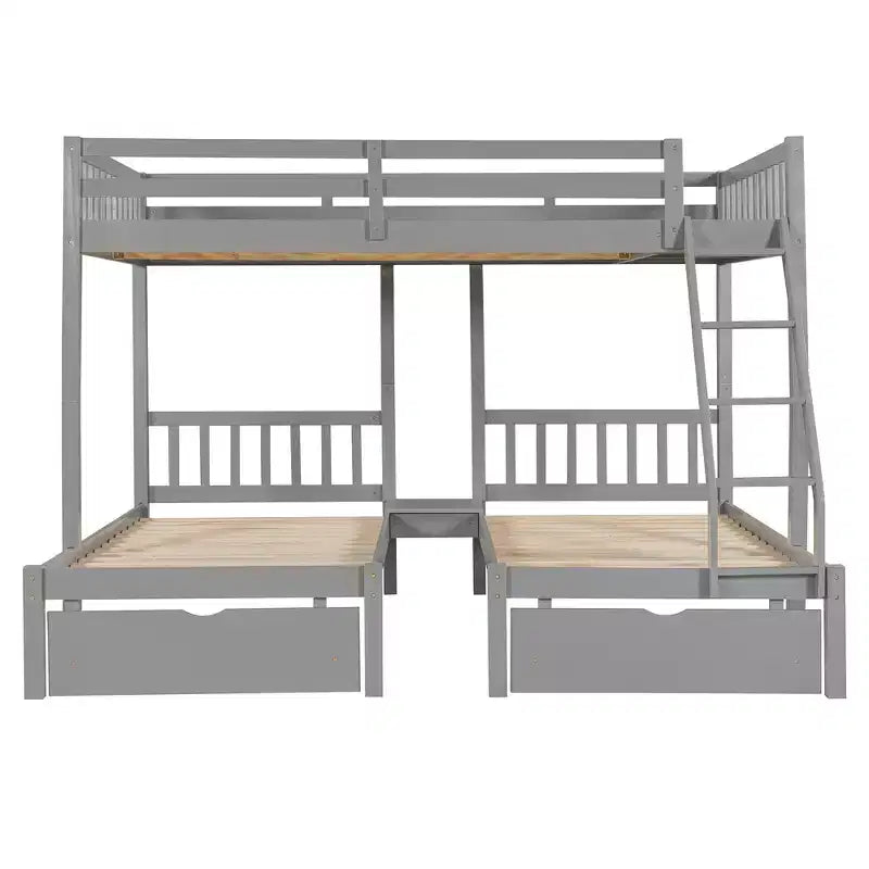 Lit superposé triple gris, taille double et double, pour 3 personnes, avec 2 tiroirs de rangement