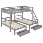 Lit superposé triple gris, taille double et double, pour 3 personnes, avec 2 tiroirs de rangement