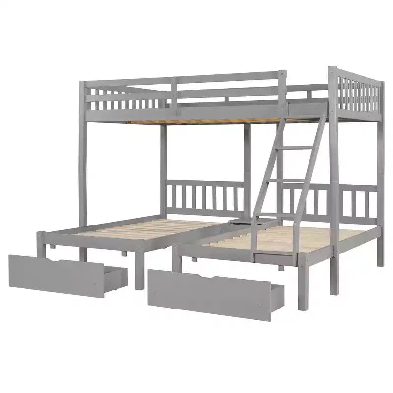 Lit superposé triple gris, taille double et double, pour 3 personnes, avec 2 tiroirs de rangement
