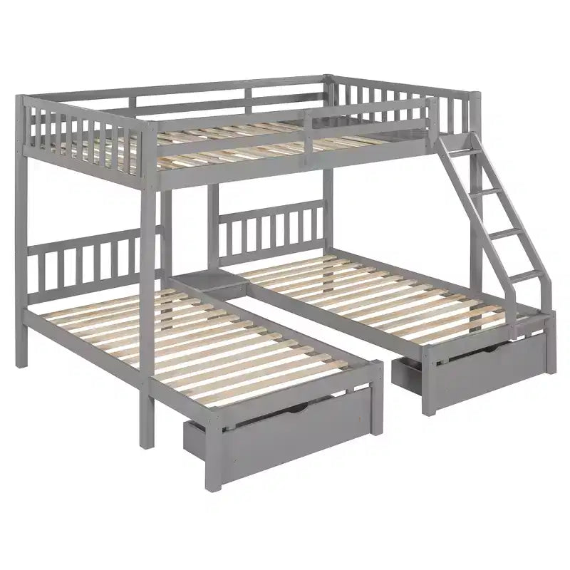 Lit superposé triple gris, taille double et double, pour 3 personnes, avec 2 tiroirs de rangement
