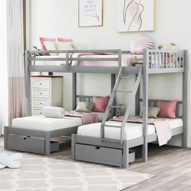 Full Over Twin & Twin Bunk Bed for 3, Wooden Triple Bunk Bed with 2 Storage Drawers, can be Divided into 3 Separate Beds