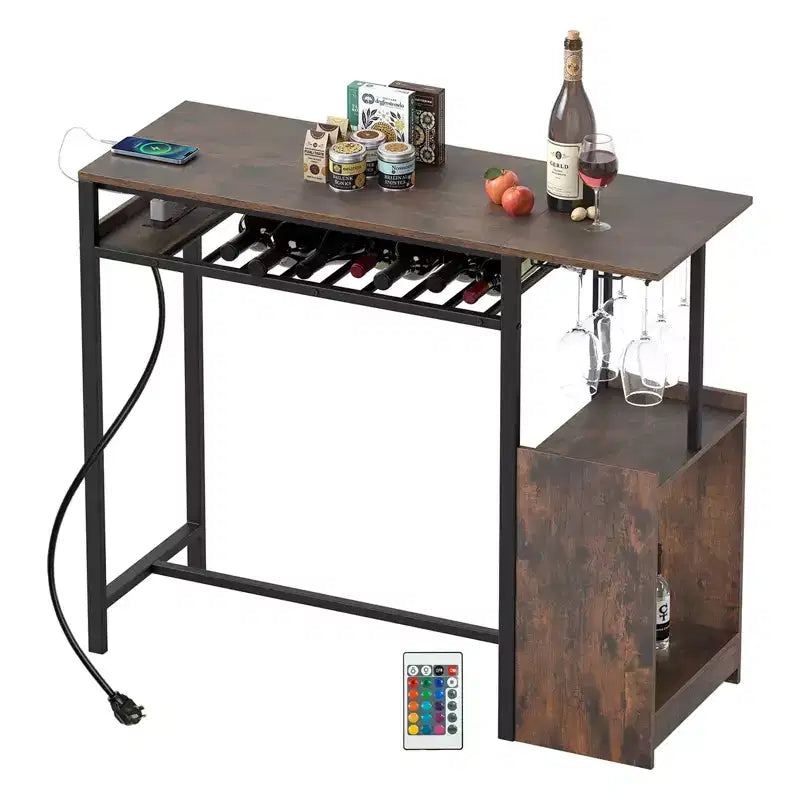 Costway Rectangular Bar Table w/ Charging Station LED Light Wine Rack 2 Rows Glass Rack