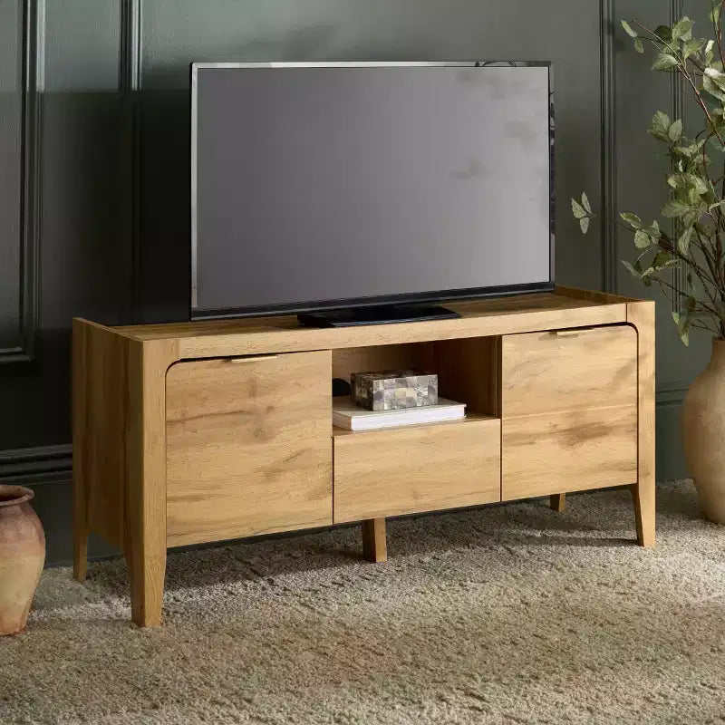 Meuble TV 2 portes 1 tiroir Chêne/Laiton, Jusqu'à 42"