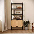 GDFStudio Horace Modern 73H Solid Wood and Rattan Open Display Bookshelf with 2 Doors