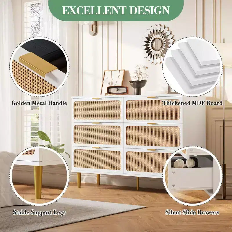 Commode 6 tiroirs en rotin noir/blanc – Utilisateur unique