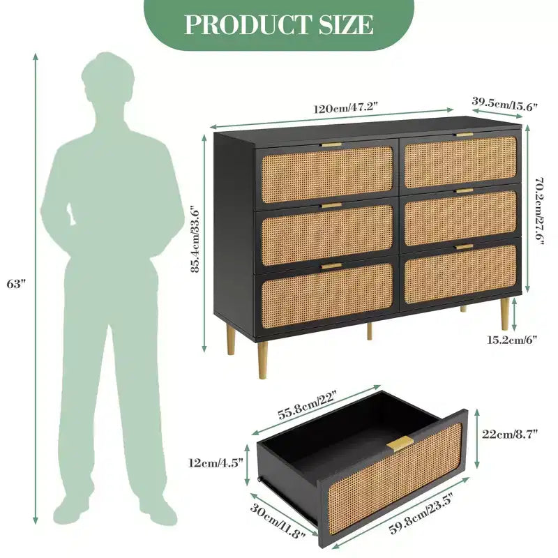 Commode 6 tiroirs en rotin noir/blanc – Utilisateur unique